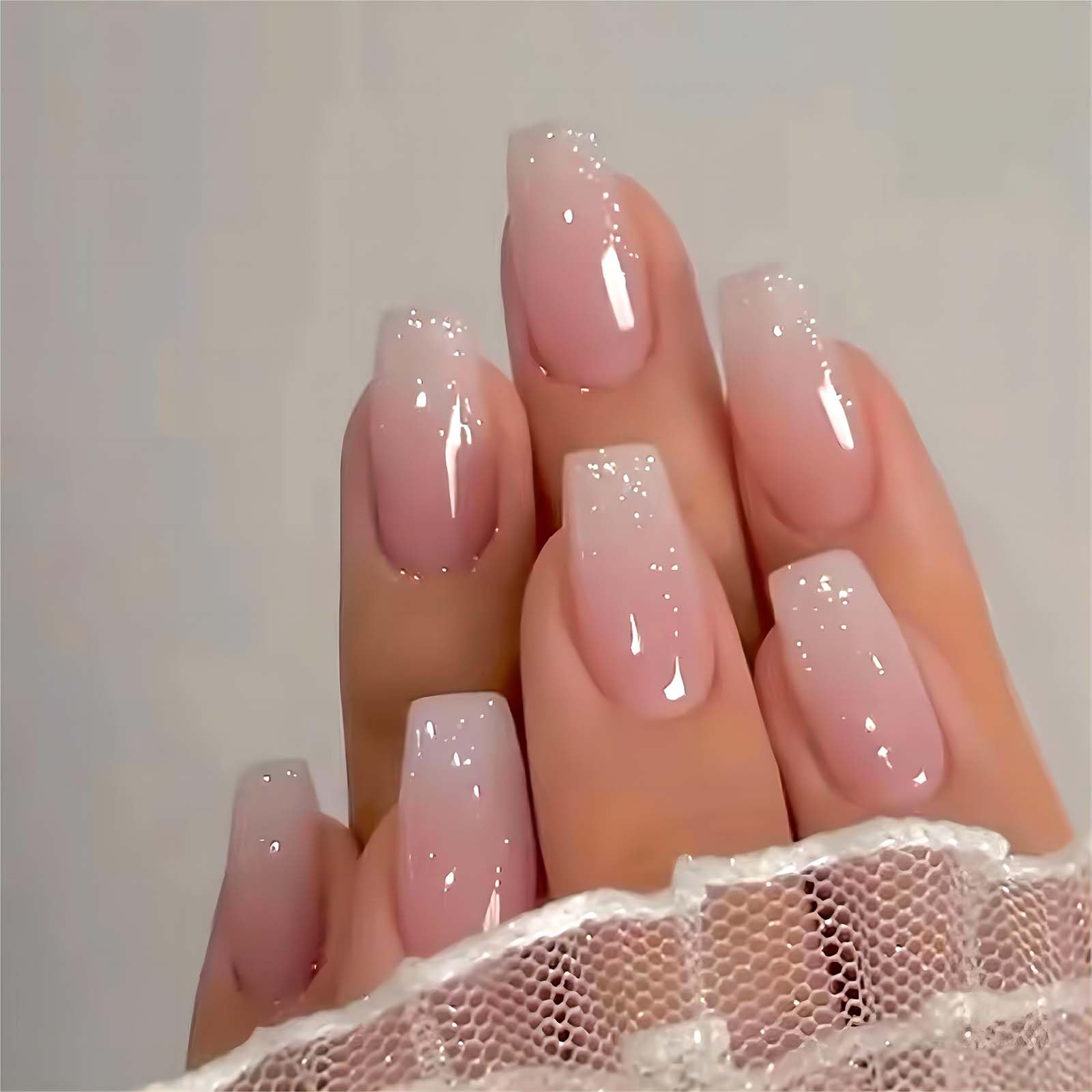 RUOKEXIN Pink Press On Nails Medium Coffin Fake Nails Glossy Acrylic False Nails with Glitter Designs Ombre Pink Full Cover Press Ons Fall Winter