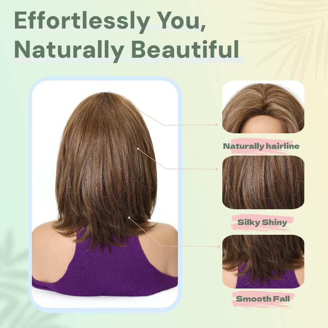 Stardrop Short Straight Brown Bob With Center Part Layered Bangs Human Hair Wigs For Mature Women Natural Glueless Lightweight Daily Wear (Brown,14inch)