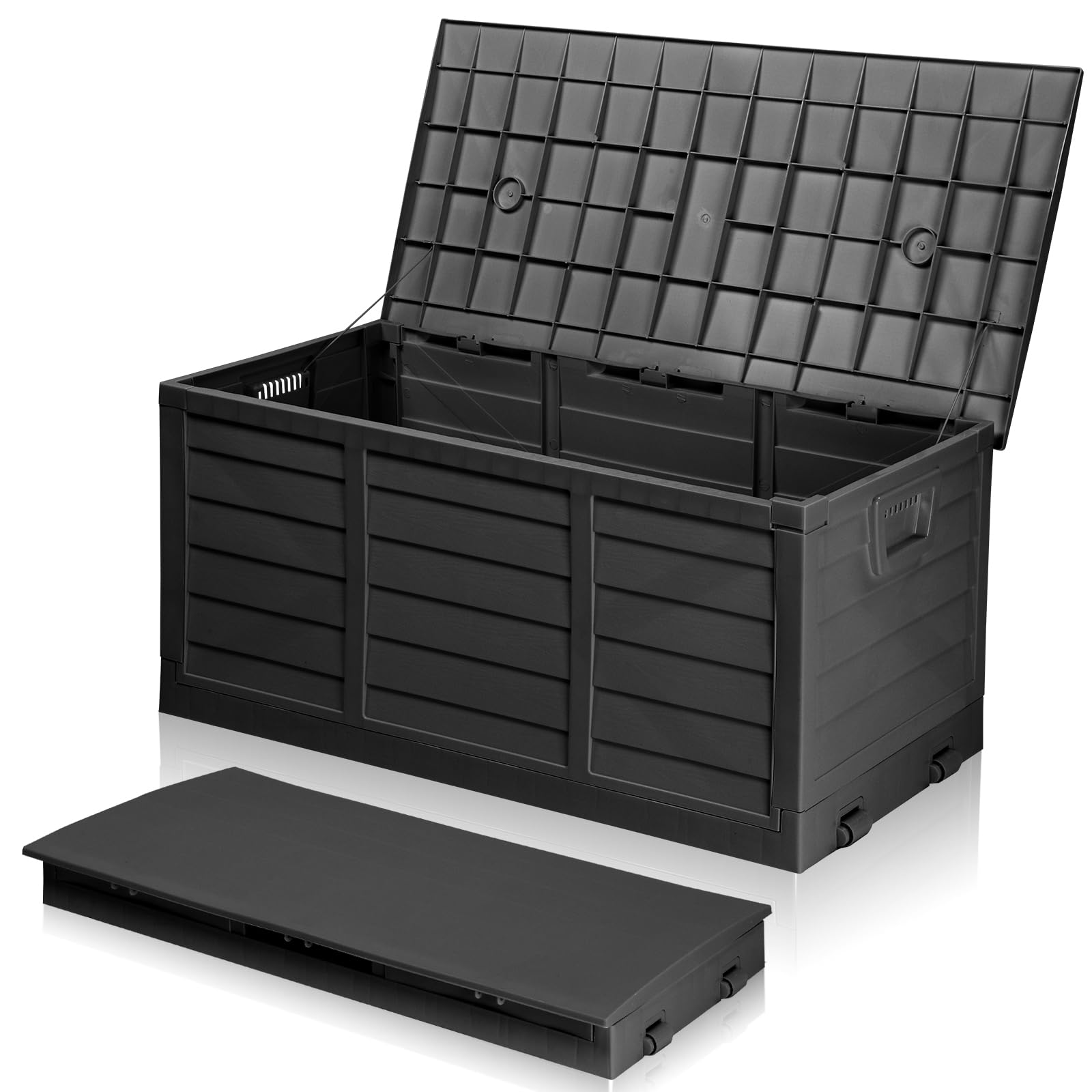 Foldable Garden Storage Box, 280L Outdoor Plastic Utility Chest Organiser with Strapped Lid, Weather Resistant, Portable, Ideal for Garden, Patio, Balcony, Decking, Grey&Black — view 10