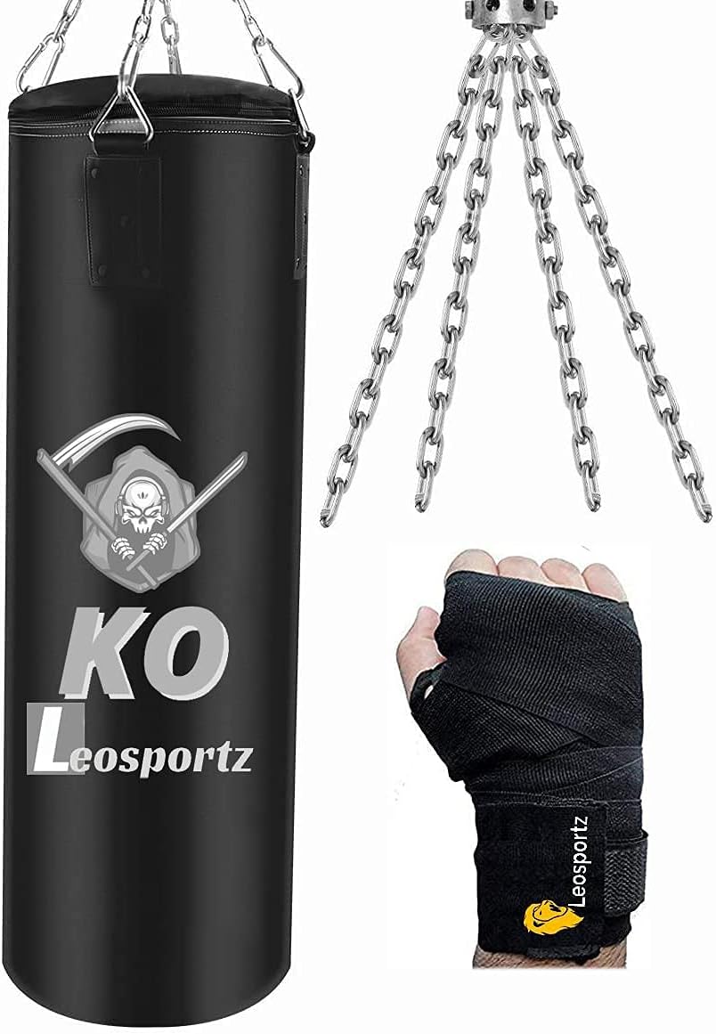 Leosportz Punching Bag Set with Boxing Wraps - Heavy Punching Bags for Boxing, Judo, Kickboxing | Boxing Bag Made of PU for Men (Black PU Unfilled, 4.00)