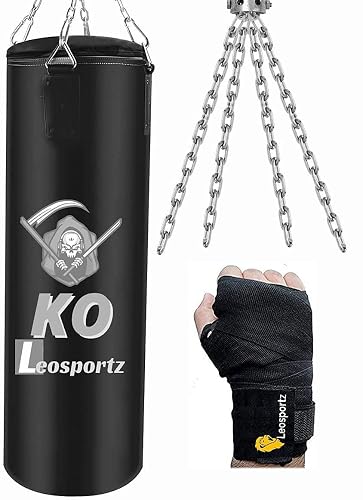 Leosportz Punching Bag Set with Boxing Wraps - Heavy Punching Bags for Boxing, Judo, Kickboxing | Boxing Bag Made of PU for Men (Black PU Unfilled, 4.00)