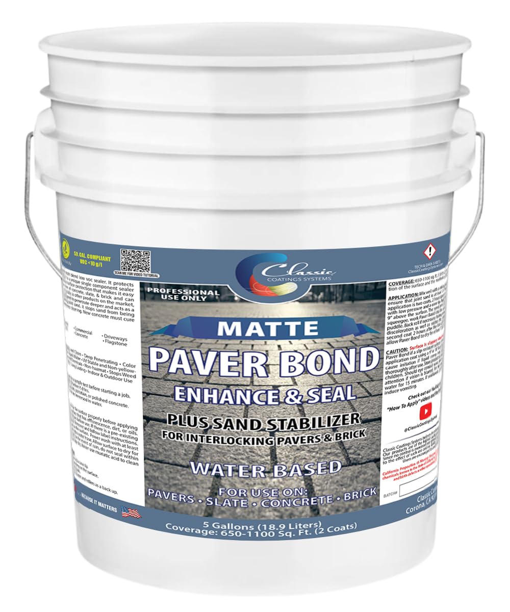 Classic Coatings | Water-Based Paver Bond | Color Enhancer & Sand Joint Stabilizing | Interior/Exterior Surfaces | Pavers, Concrete, Brick, Masonry, Flagstone, & More | Wet-Look, 5-Gallon