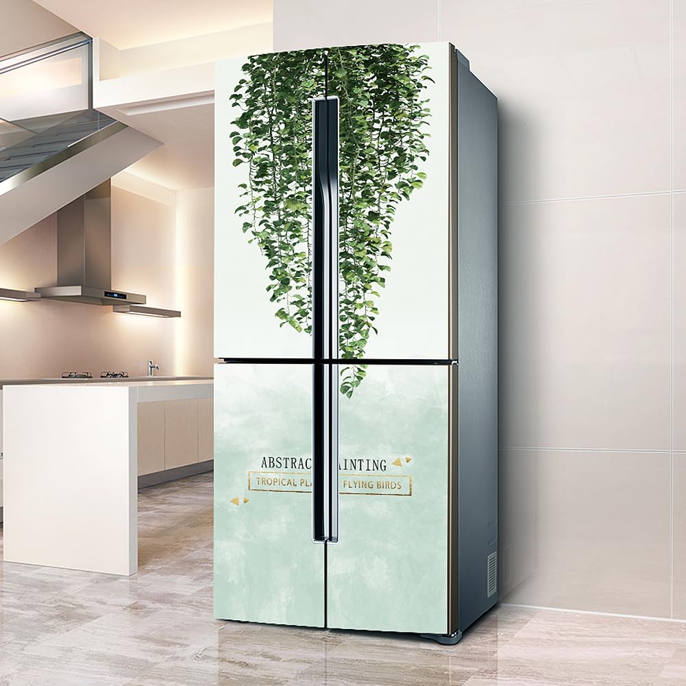 Fridge Sticker, Fridge Sticker Full Covering Door Covers Skins Wall Stickers for Kitchen Decal, Green Leaves Plant(L: 100x180 cm)