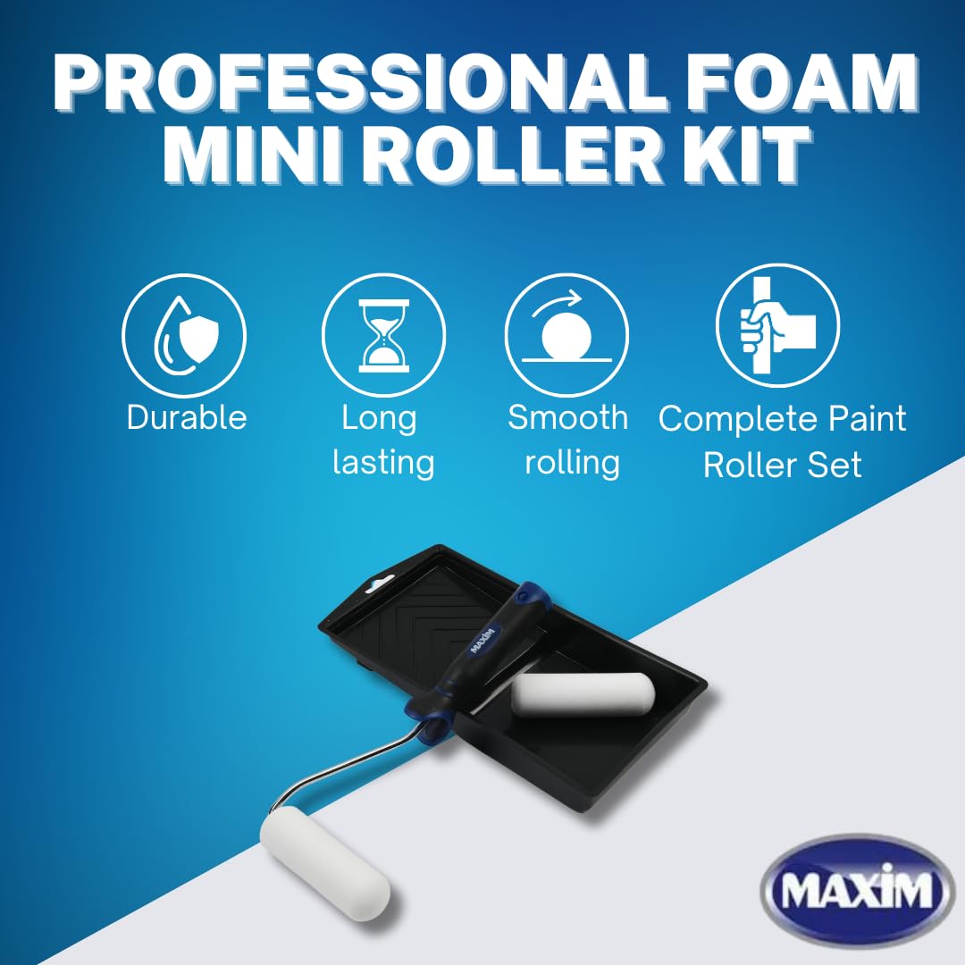 Maxim Kit de mini rouleau professionnel en mousse, manchons doubles de rouleau en mousse de 10,2 cm, mini plateau noir de 10,2 cm, rouleaux en mousse haute densité et poignée en caoutchouc souple,
