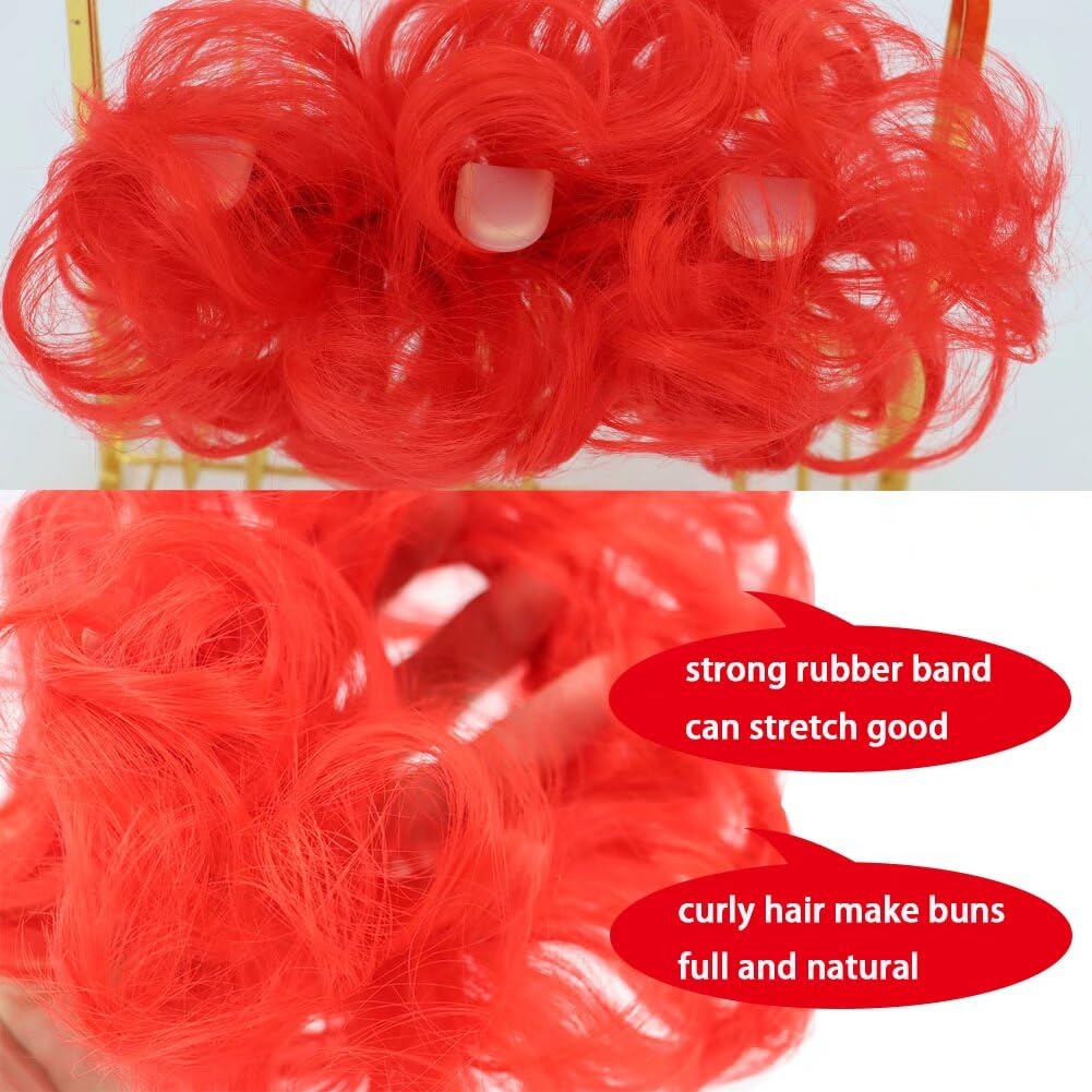 LaLuLoLi Red Color Scrunchy Updo Wavy Hair Bun Messy Elastic Chignons Synthetic Hairpiece Curly Hair Extension Scrunchies for Women Girl Lady Party(#113 Bright Red - Image 3