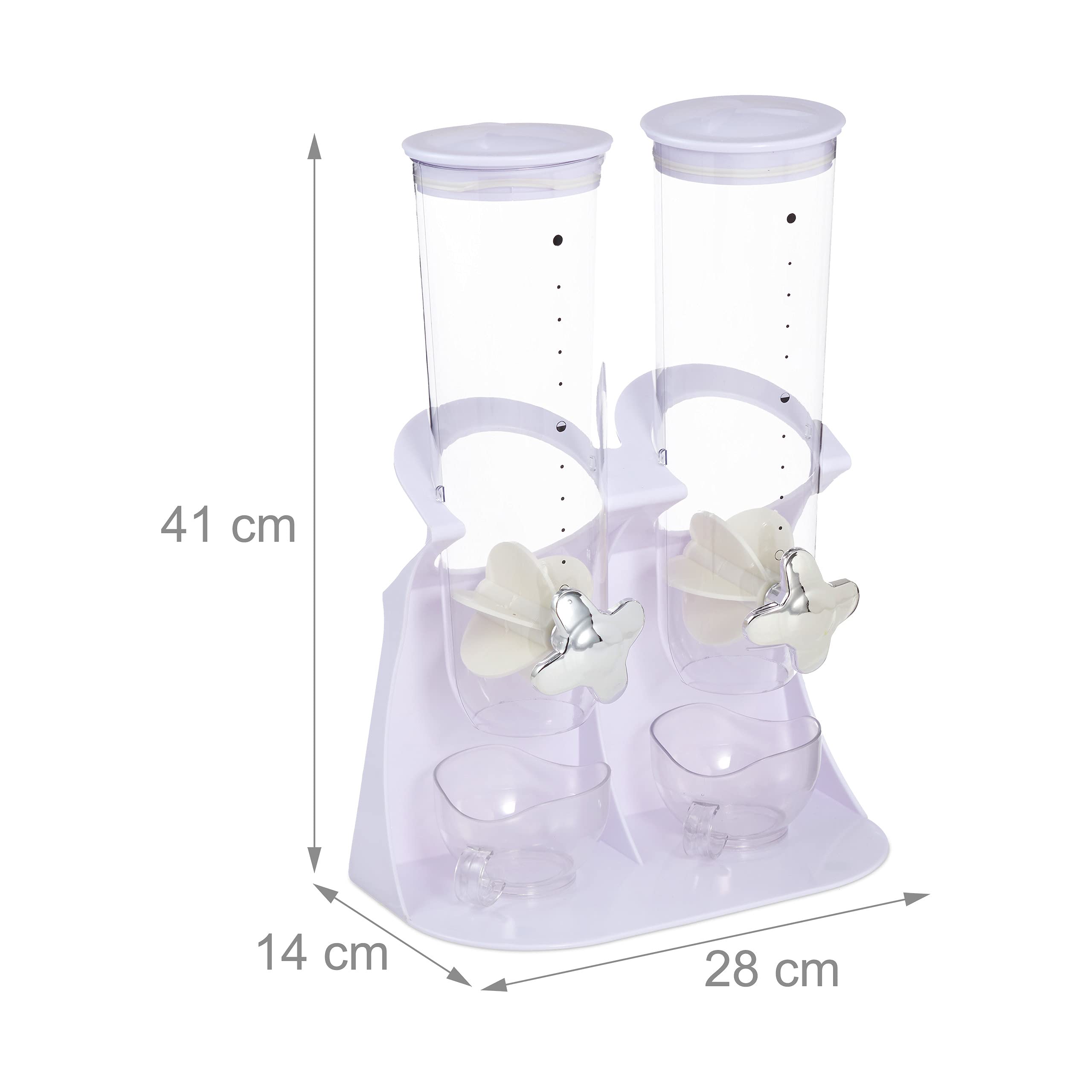 Relaxdays Dispenser Cereali Doppio, Distributore per Corn Flakes, Cioccolatini, Nocciole e Dolcetti, in Plastica, Bianco