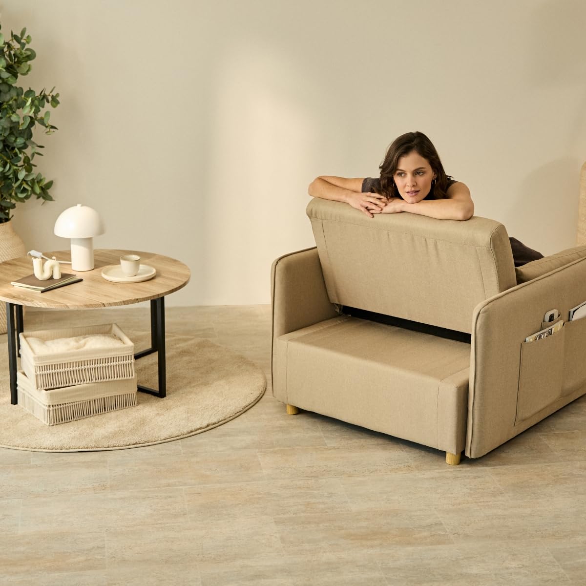 Nalui-Sofá Cama 1 Plaza 3 en 1 Nest 1 93x100x79cm con 3 Posiciones y 2 Almohadas (55x20cm). Sofá Cama Individual, Soporta hasta 200Kg. Sillón Cama Reclinable con Reposabrazos, Beige
