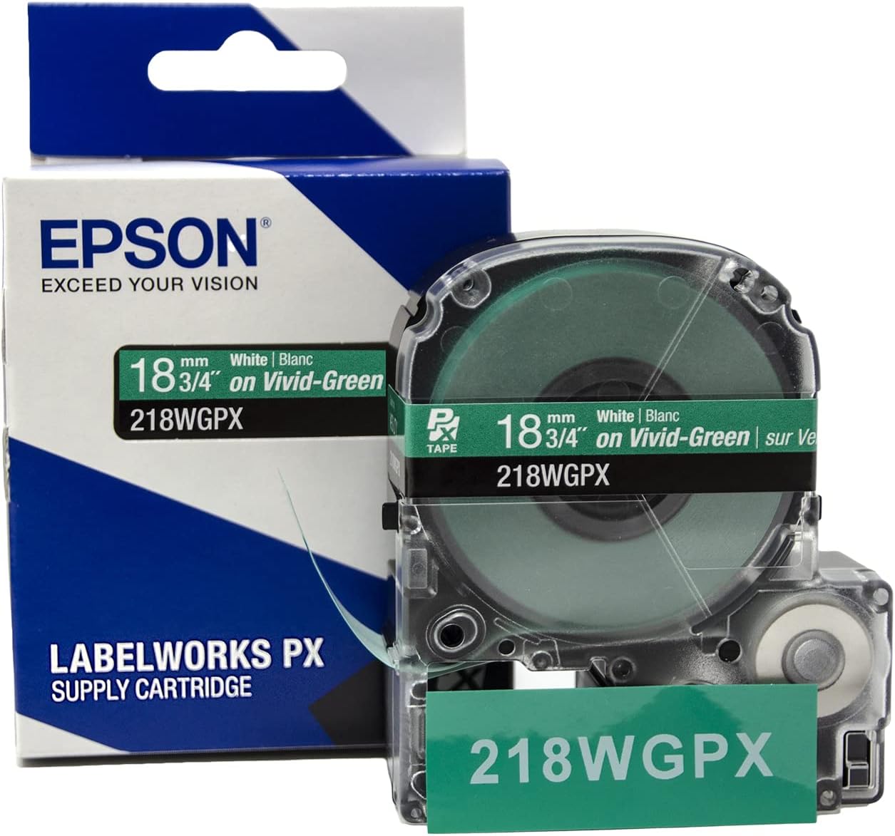 Epson LABELWORKS 218WGPX Genuine PET (Polyester) Tape Cartridge - White on Green Label Maker Tape - 3/4" (18MM) Wide, 30'