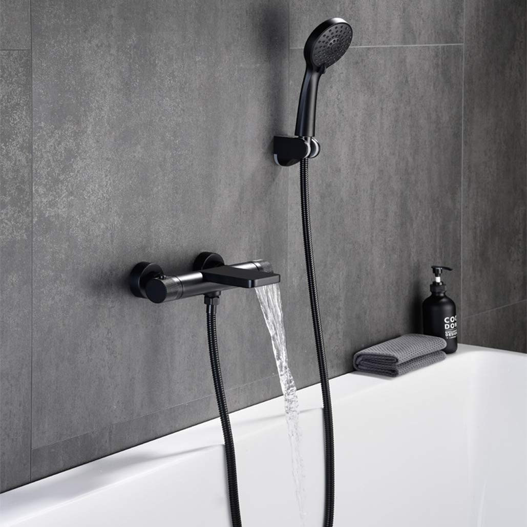 Lussuoso set miscelatore doccia in ottone spazzolato oro – Rubinetto termostatico da parete con doccetta elegante finitura nera perfetta per bagni moderni