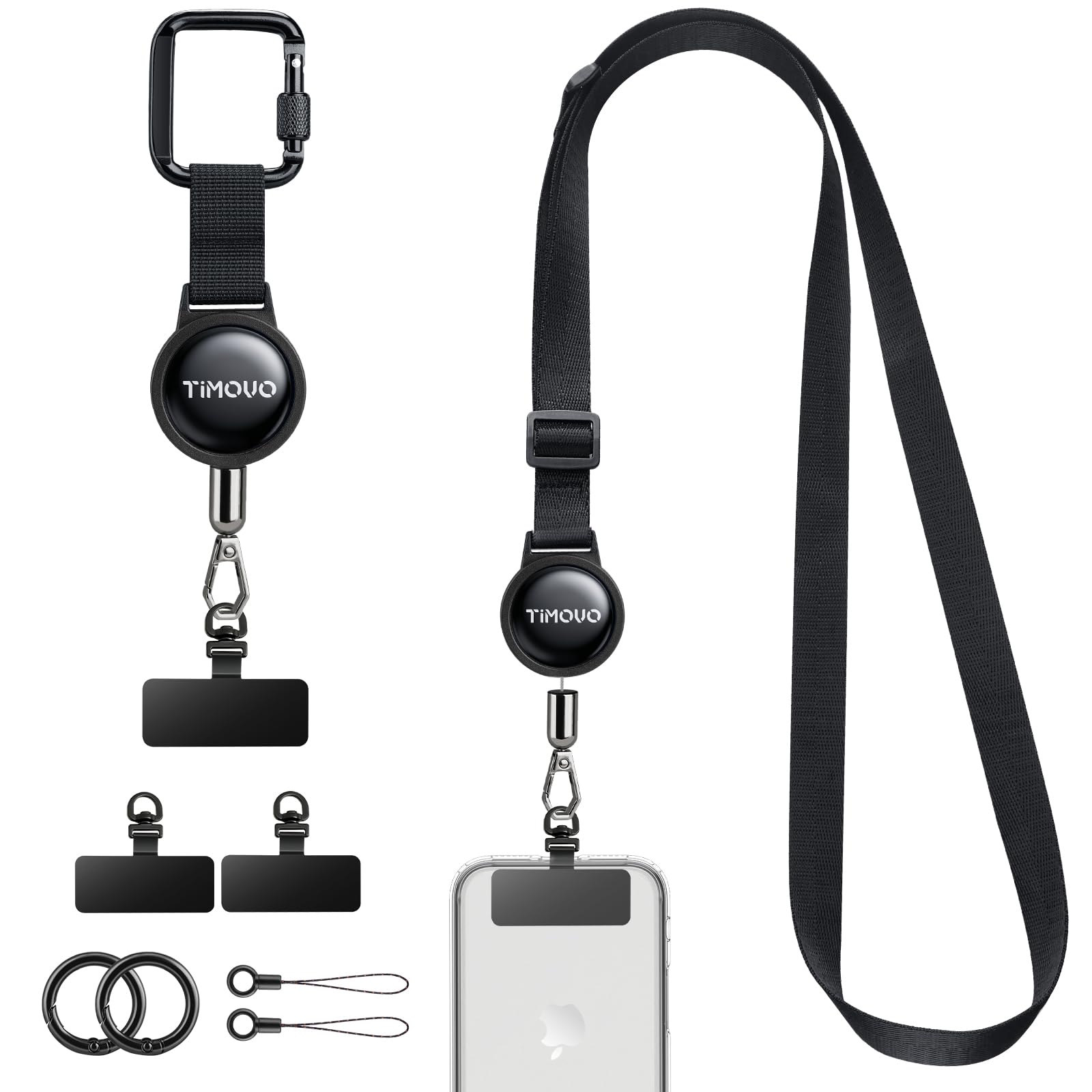 TiMOVO Anti-Theft Retractable Phone Lanyard Carabiner, Black | Adjustable Strap with Locking Carabiner & Tether Tab, Universal Phone Tether for Climbing Hiking Skiing Fishing