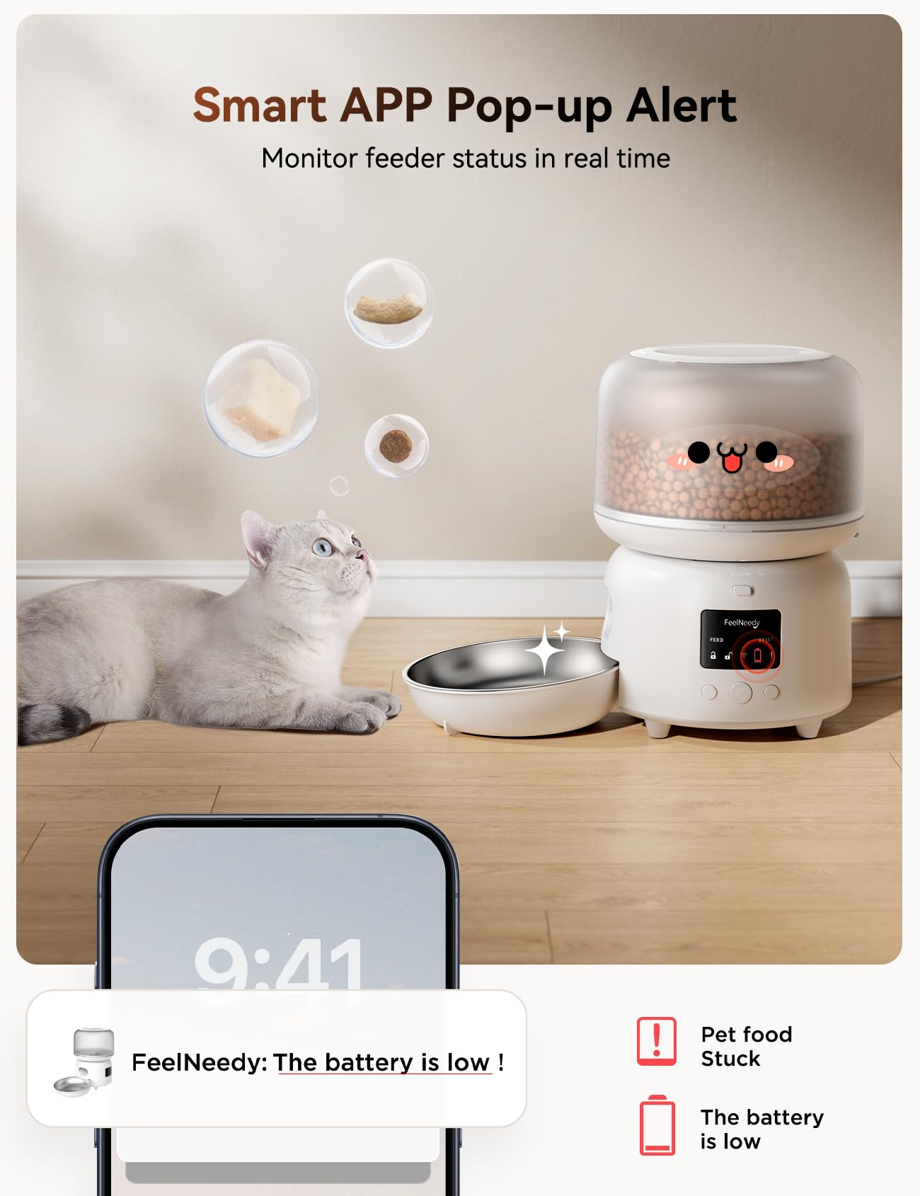 FEELNEEDY Distributore Automatico Cibo Gatti con APP, 2.4G WiFi Dispenser Crocchette Gatto fino a 10 Pasti/36 Porzioni al Giorno, Ciotole per Gatti in Acciaio Inox, 3L