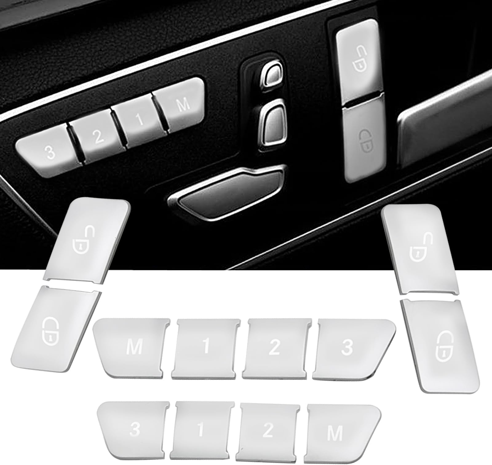 12pcs Car Seat Memory Door Lock Unlock Button Sticker, Adjust Switch Button Trim Cover, Replacement for Benz C Class E Class CLA GLA CLE (Silver)