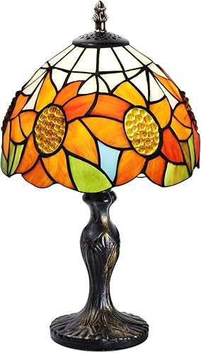 7CDXD Lámpara de vitral, pequeña lámpara de mesa vintage con pantalla de vidrieras artesanales y base de metal para decorar dormitorio, sala de