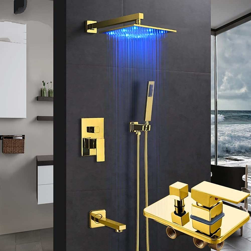 CWCQGH Shower System Gold LED Concealed Shower Faucets Set Rainfall LED Shower Head 3-Way Brass Mixer Tap Tub Spout Bathroom Shower Faucet,12 inch Full Set
