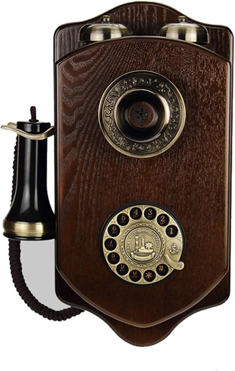 Vintage Antique Corded Wall Phone with Rotary Dial, Mechanical Ringtones, Redial, Wooden Decorative Telephone for Home Bar(Button Headphone)