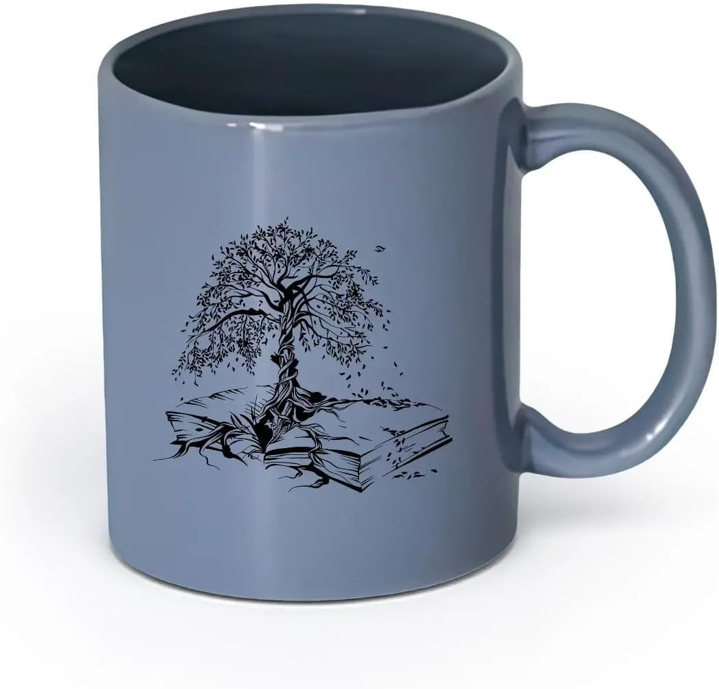 Ceramics Tea and Coffee Cups Tree Book Leaves Knowledge Library Reading Room （11oz/320ml） for Tea Coffee Hot Brew Blue-Gray
