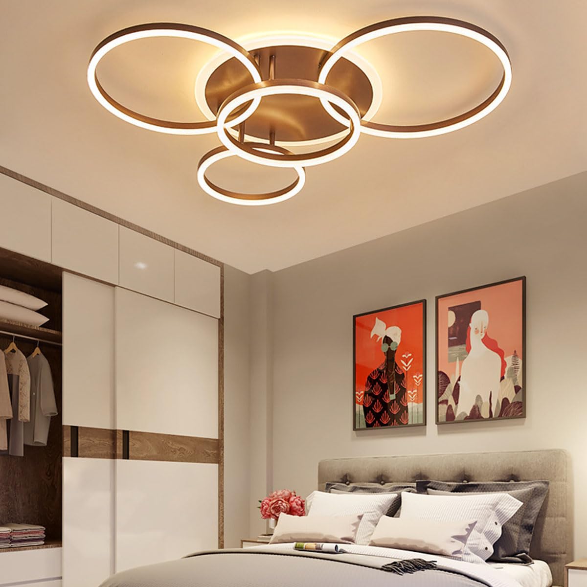 Bellastein LED Ceiling Light Ring Design Lighting Dimmable with Remote Control 3000K-6000K, Modern Ceiling Lights for Living Room, Bedroom, Hallway (Brown, 5 Rings)