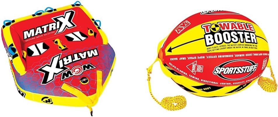 WOW Sports Matrix Towable Deck Tube for 1-4 Riders - 680 lbs Capacity + Sportsstuff Booster Ball Towable Tube Accessory