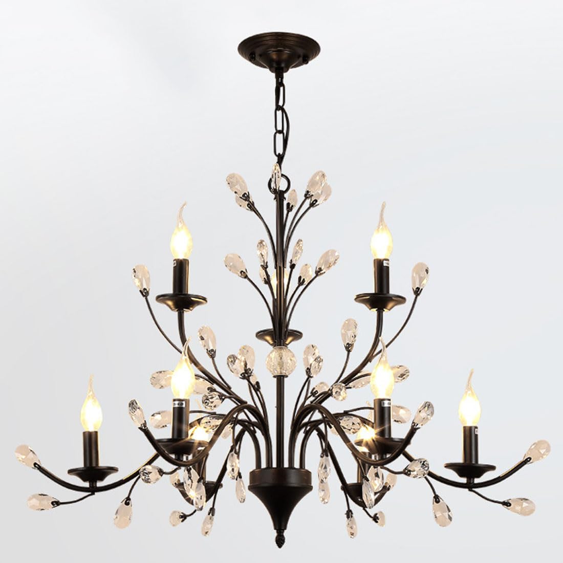 KXEcoLife E14 American crystal candle chandelier, simple retro modern living room lamp, atmospheric restaurant clothing store lamp,9 heads