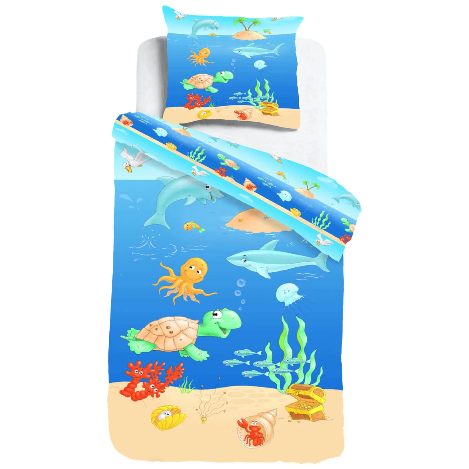Kinderbettwäsche Sleep and Dream Lustige Meerestiere Fische Delfin Schildkröte Strand Renforcé, Größe:135 cm x 200 cm
