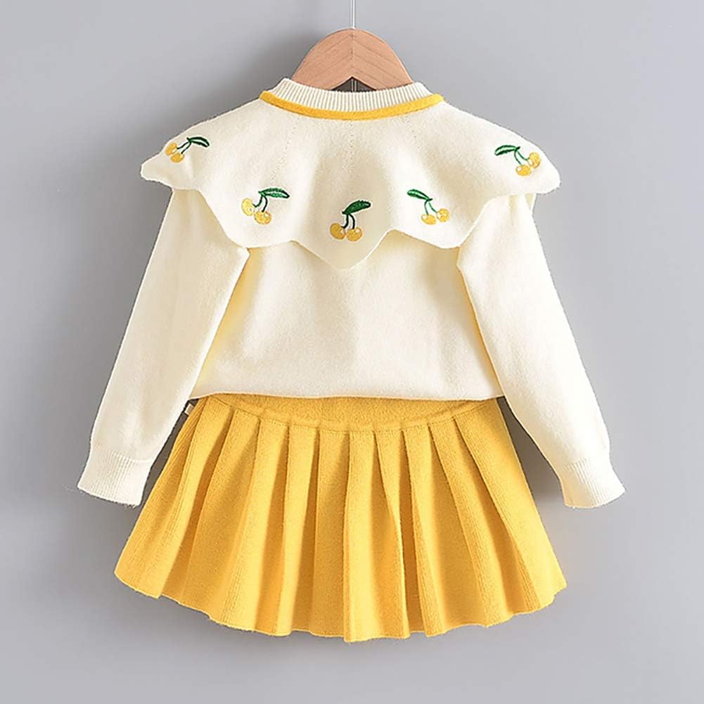 IBTOM CASTLE Toddler Baby Girls Autumn Winter Clothes Knitted Button up Long Sleeve Ruffle Bowknot Sweater Tops+Pleated Mini Tutu Skirt 2pcs Outfit Princess for Kids Yellow-Cherry 2-3 Years