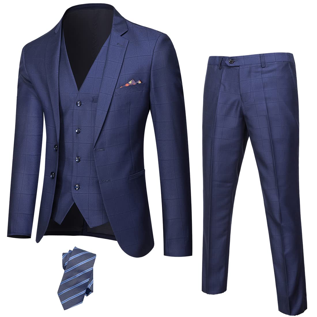 YNDMen's Slim Fit 2 Button 3 Piece Suit Set, Solid Blazer Jacket Vest Pants & Tie