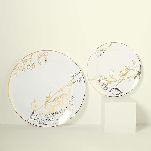 Miniatura 7 de Efavormart - Juego de 20 platos de plástico con diseño floral de oro blanco de 107 pulgadas, platos desechables redondos para cena y postre