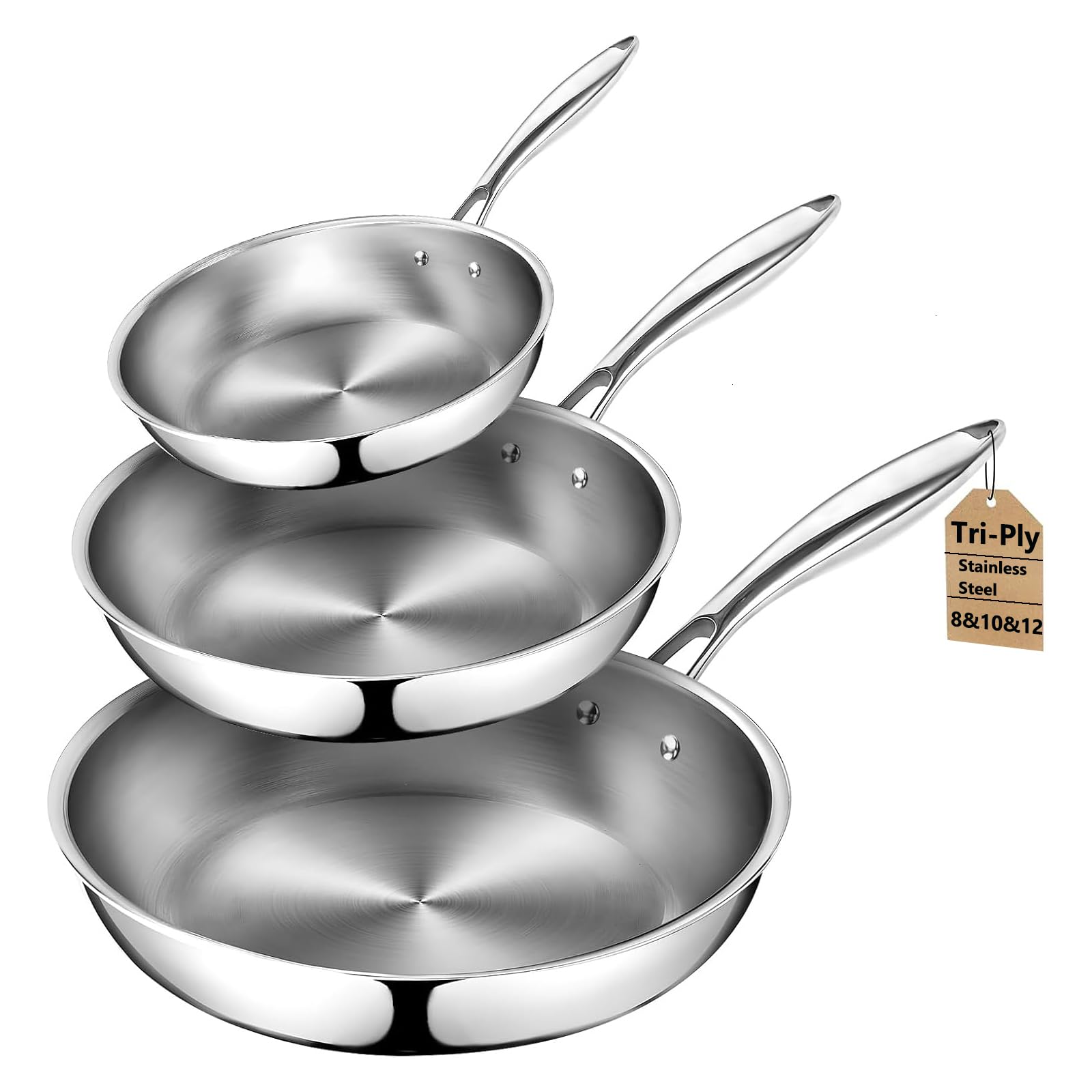 KoolShiro 3PCS Stainless Steel Frying Pan for Searing & Sauteing, 3 Ply Cookware for Durability & Even Heating, Compatible with All Cooktops Up to 600℉
