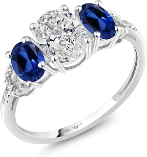 2.22 Cttw 10K White Gold IGI Certified Lab Grown Diamond and Blue Created Sapphire 3-Stone Engagement Ring | Center Oval Diamond 1.00 Ct | E-F Color | VS1-VS2 Clarity | Size 5,6,7,8,9