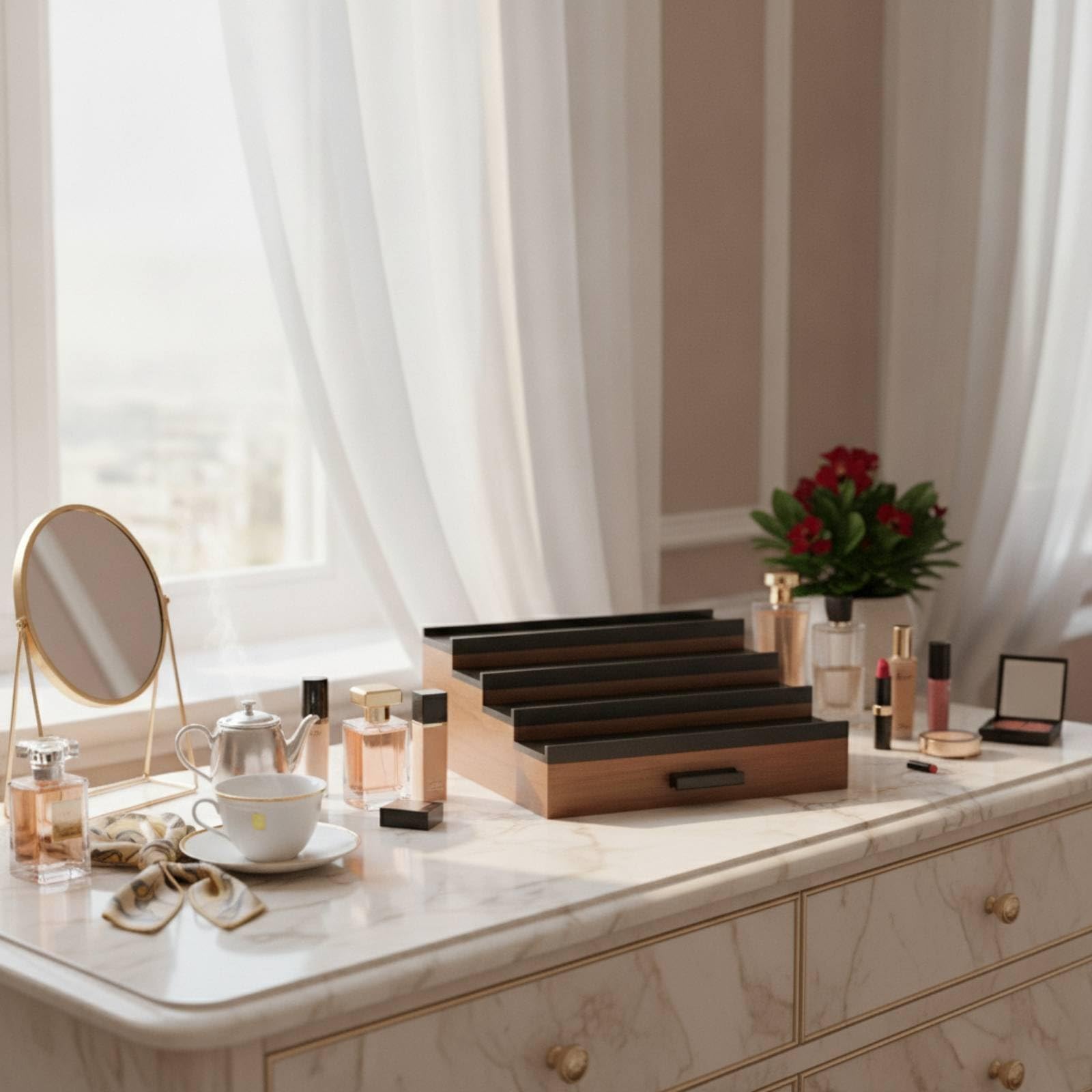 Présentoir en Bois avec Tiroir Robuste Rangement à Parfums avec Compartiment Caché Organisateur Maquillage pour Chambre, 32 29.2 14cm, Quatre Niveaux, Style Un