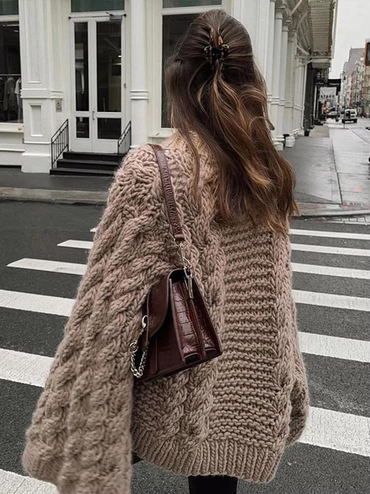 Women's Casual Oversized Sweaters Y2K Chunky Knit Pullover Tops Loose Sleeves Crew Neck Cable Knitted Sweater Tops - Image 6