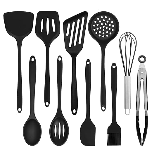 Silicone Kitchen Utensils Set, 446°F Heat Resistant Cooking Utensils Set with Slotted Turner, Tongs, Whisk, Spoons, Spatulas, Brush, Kitchen Gadgets Sets for Nonstick Cookware, Black