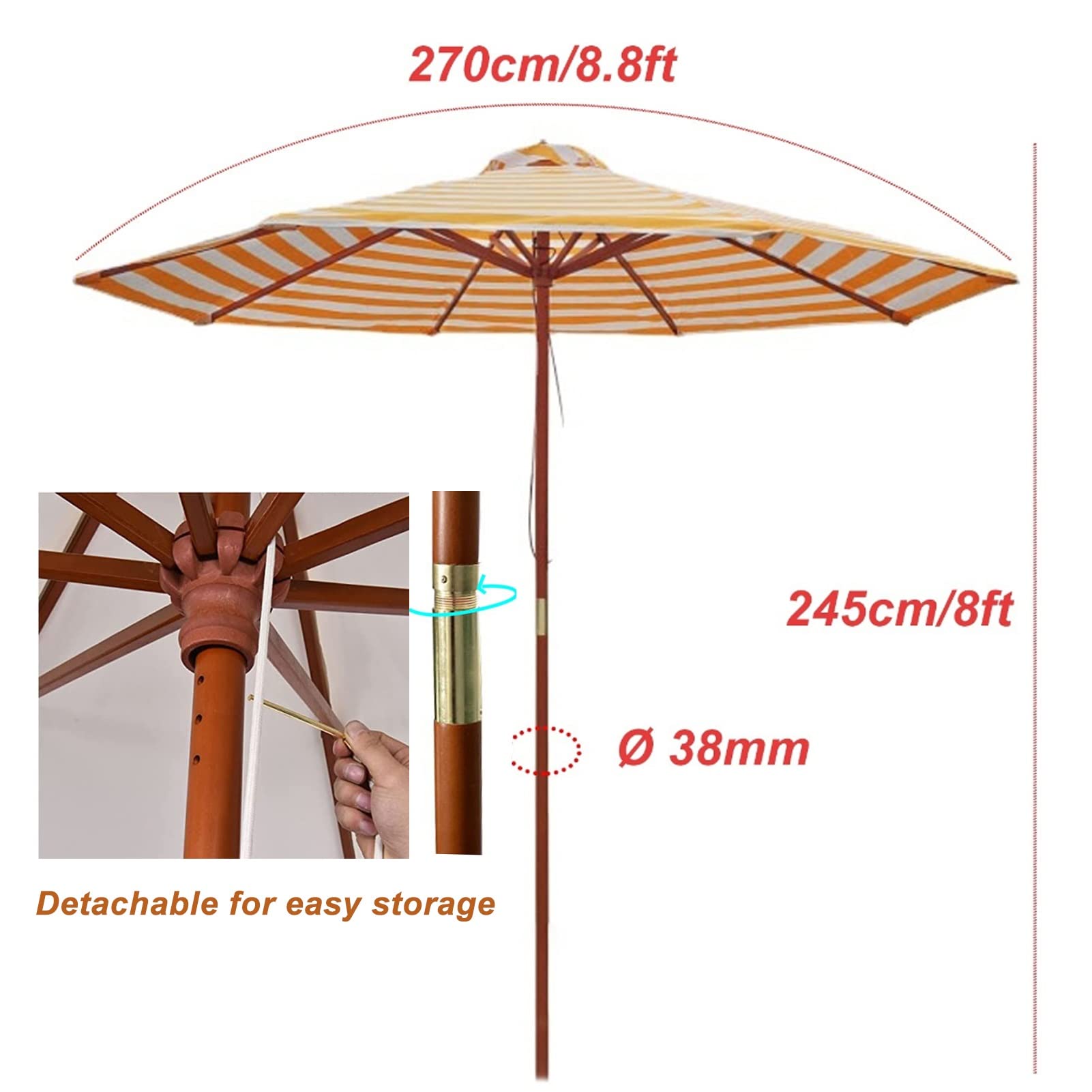 2.7m Zewnętrzny parasol patio, żółty biały pasek drewniany parasol ogrodowy z kołem kołowym, Market Table parasol z 8 solidnymi żebrami, do balkonu/plaży/basenu, Szerokość słupa ø 38 mm