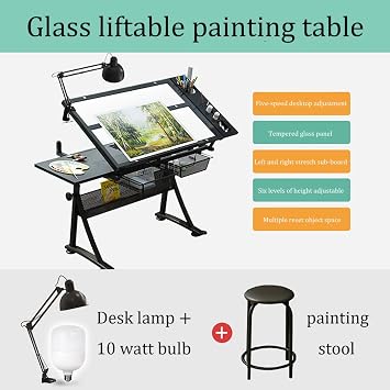 Height Adjustable Artists' Drafting Table with Stool - Perfect Work Station for Artists - Tempered Glass Top, 2 Drawers - Tiltable Draft Desk for Reading, Drawing, Writing - by Drafting Tables