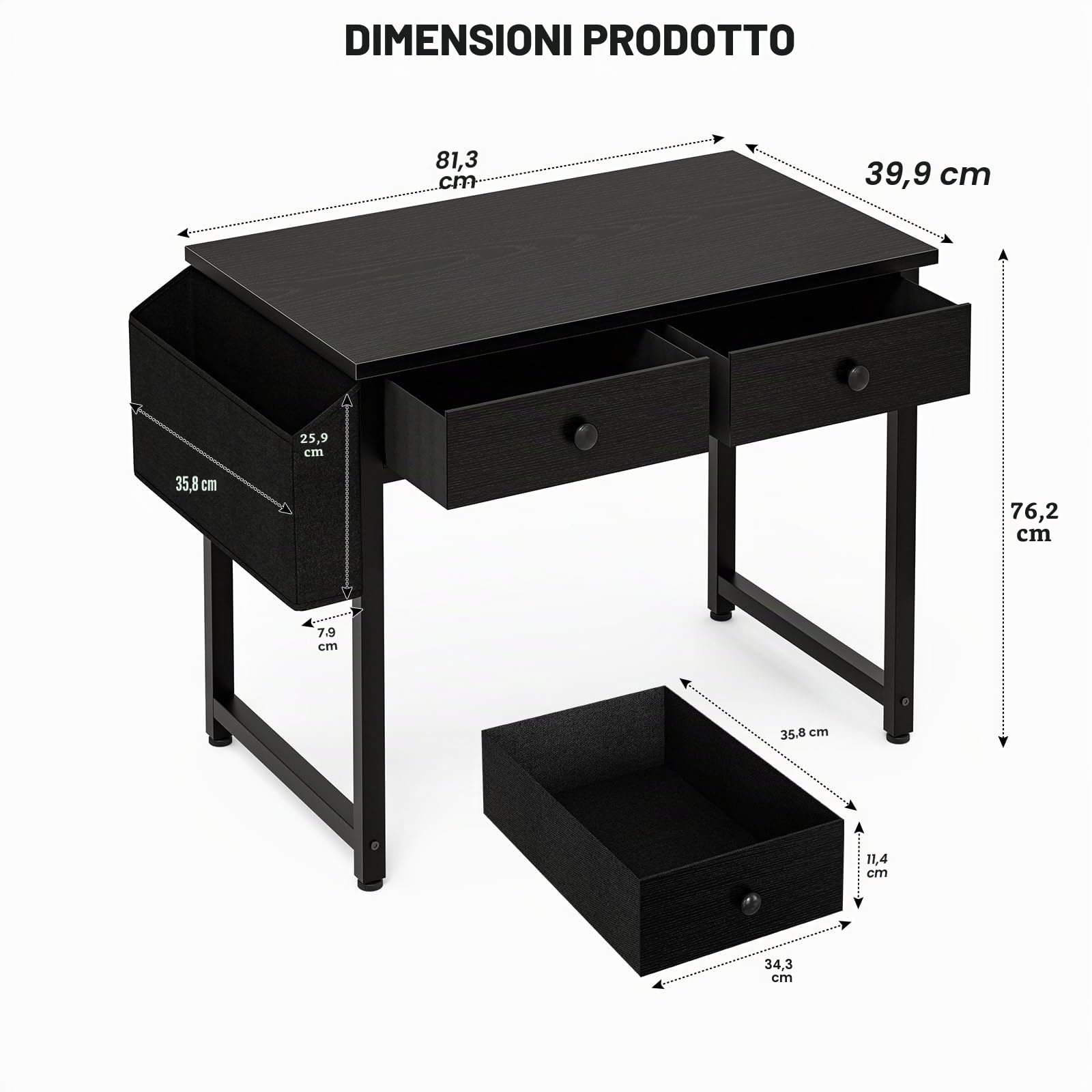 Grandder Piccolo tavolo per computer con 2 cassetti in tessuto, 100 cm, con scomparti e cassetti, scrivania per piccoli spazi, colore nero