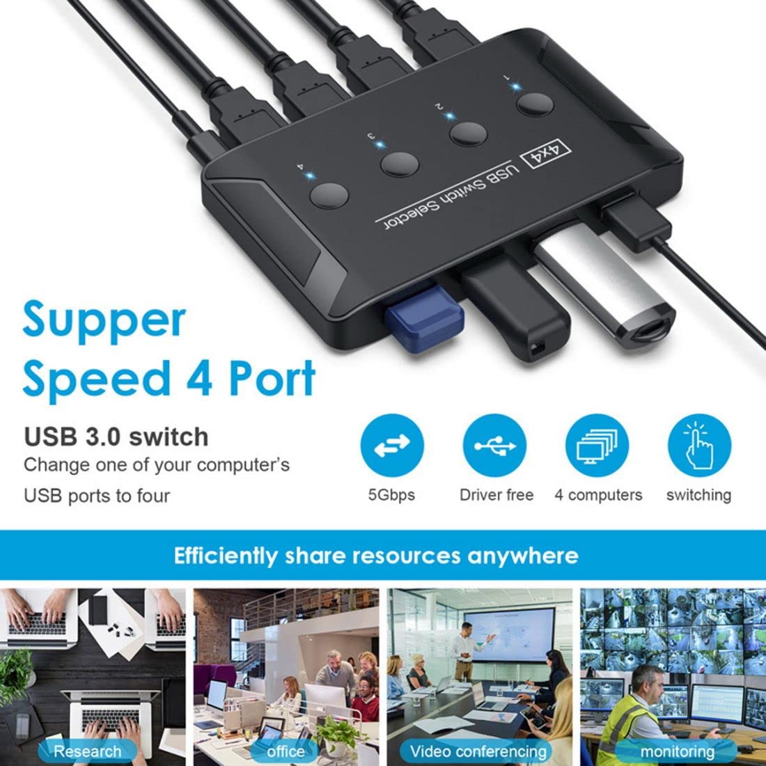 chenyang Conmutador KVM USB 3.0 para compartir 4 ordenadores, 4 dispositivos USB para teclado, ratón, escáner, impresora