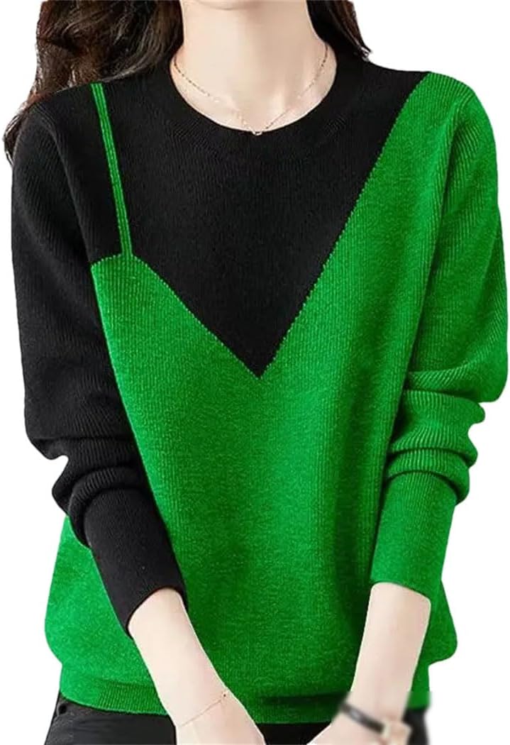 Women's Fashion Panelled Knit Sweaters Round Neck Long Sleeve Loose Pullovers All-Match Warm Casual Tops