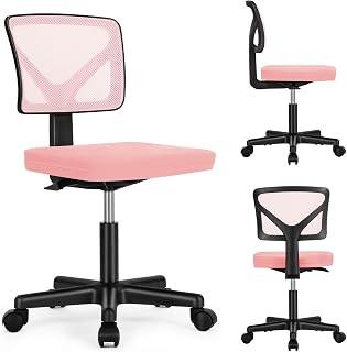 Armless Desk Chairs, Ergonomic Low Back Computer Chair, Adjustable Rolling Mesh Task Work Swivel Chairs with Wheels Work Vanity Chair for Small Spaces Home Bedroom Study, Pink
