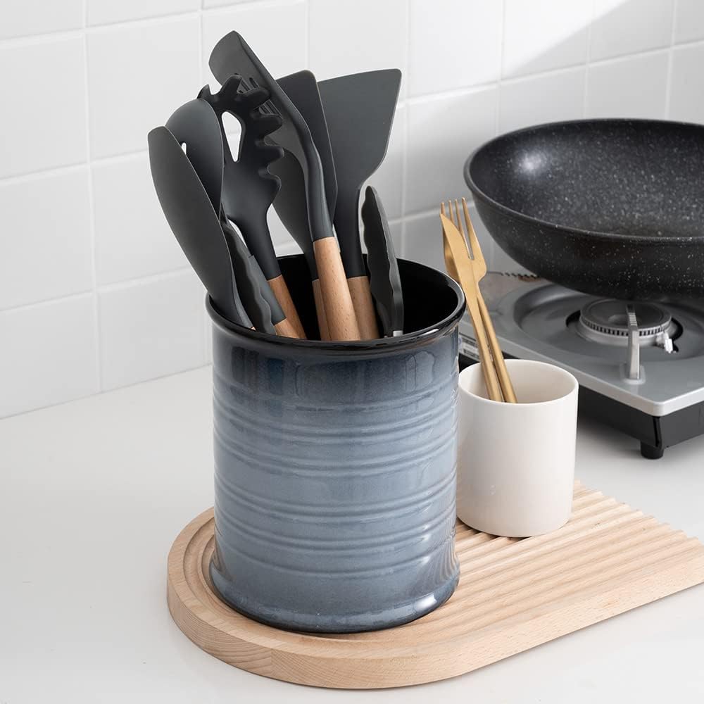 Nihow Kitchen Utensil Holder: 7.2 Inch Extra Large Ceramic Utensil Holder for Countertop - Stable Utensil Crock for Kitchen Counter Decor - Elegant Gray (1PC)