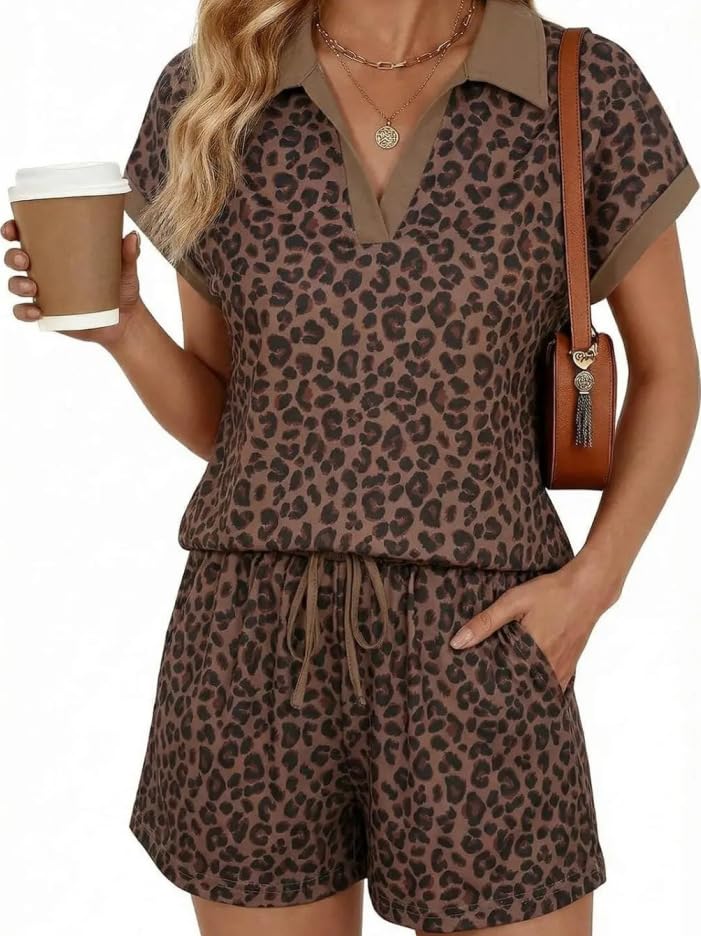 Conjunto de polo y pantalón corto mujer con estampado leopardo informal de dos piezas