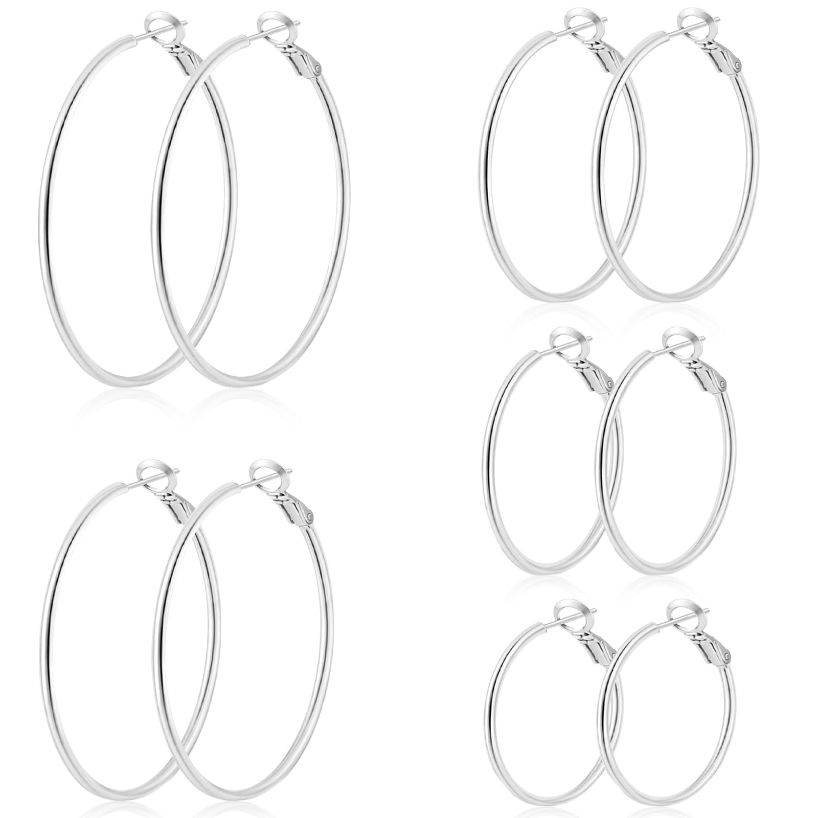 5 Pairs Silver Hoop Earrings for Women, 30/40/50/60/70 mm Hypoallergenic Hoop Earrings, Lightweight Dangle Set Stainless Steel Earrings