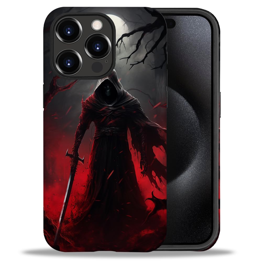 yicomon Compatible with iPhone 15 Pro Max Case, Death Black Red Pattern Print Matte Phone Case Durable Fashion Funny Liquid Silicone Case Soft