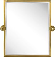 Vista 5 de Espejo rectangular de baño con marco de metal dorado cepillado, espejos de tocador biselados inclinables para pared, total 23.9 x 24 pulgadas