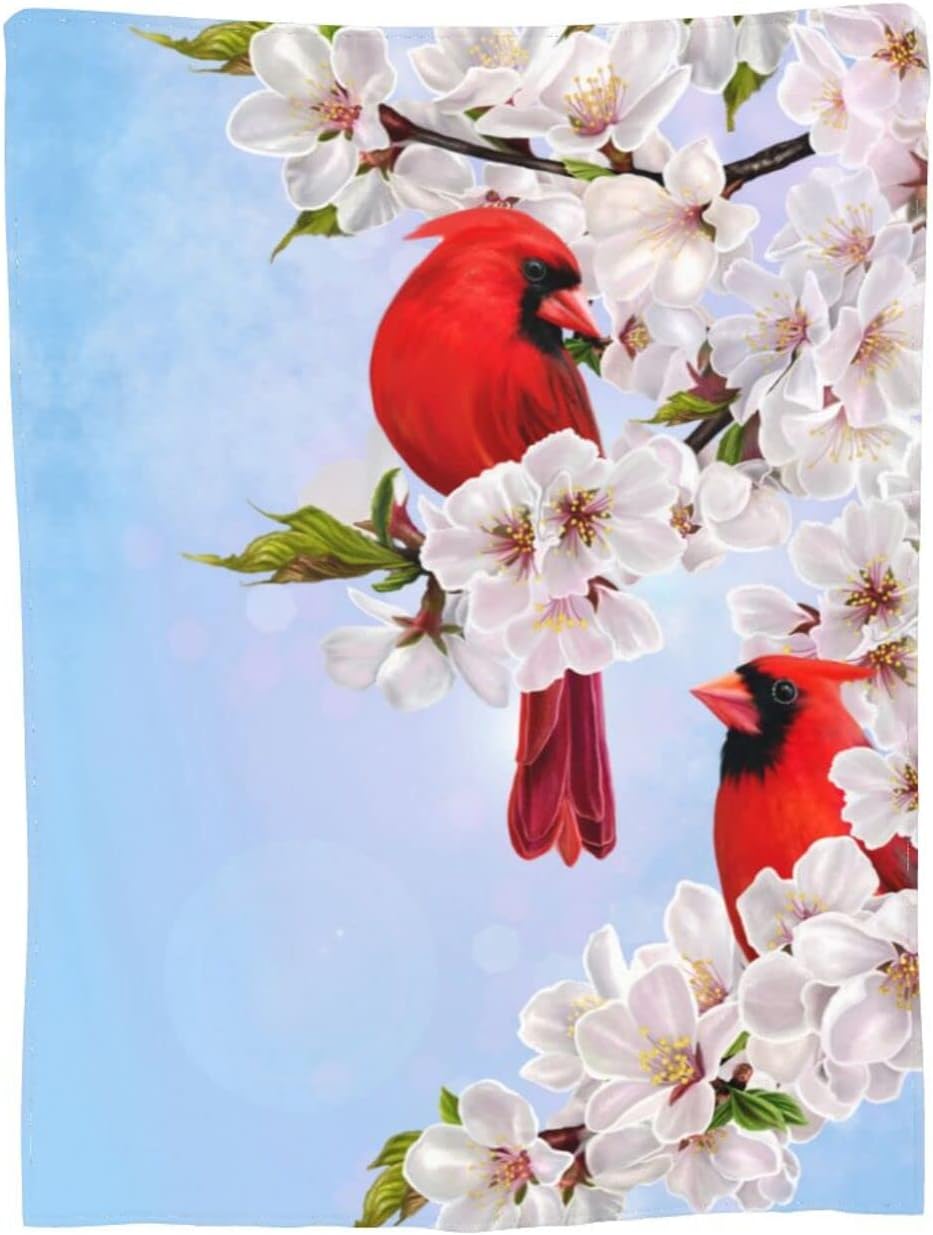 Perinsto Red Cardinal Birds and Cherry Flowers Throw Blanket Ultra Soft Warm All Season Decorative Fleece Blankets for Bed Chair Car Sofa Couch Bedroom 50"X40" - Image 8