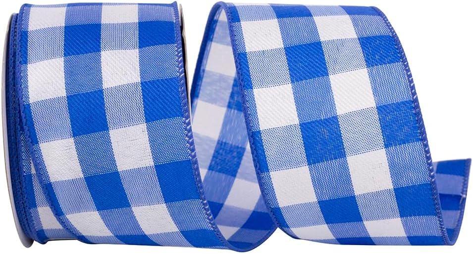 Royal Blue Plaid Wired Ribbon - 2 1/2" x 10 Yards, 4th of July, America 250, Father's Day, Presents, Wreath, Police Support, Birthday, Wedding, Farmhouse, Veterans Day, Labor Day, School Graduation