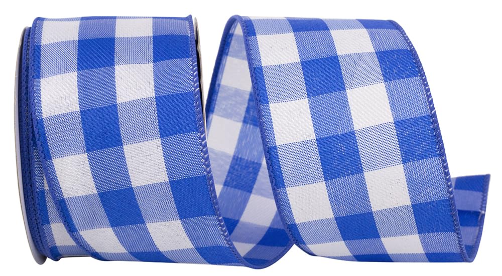 Royal Blue Plaid Wired Ribbon - 2 1/2" x 10 Yards, Memorial Day, 4th of July, America 250, Father Day, Presents, Wreath, Police Support, Birthday,