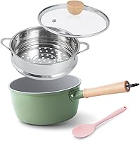 ROCKURWOK 2QT Ceramic Nonstick Saucepan with Steamer Lid, PFAS-Free, Induction Compatible, Wooden Handle, Green