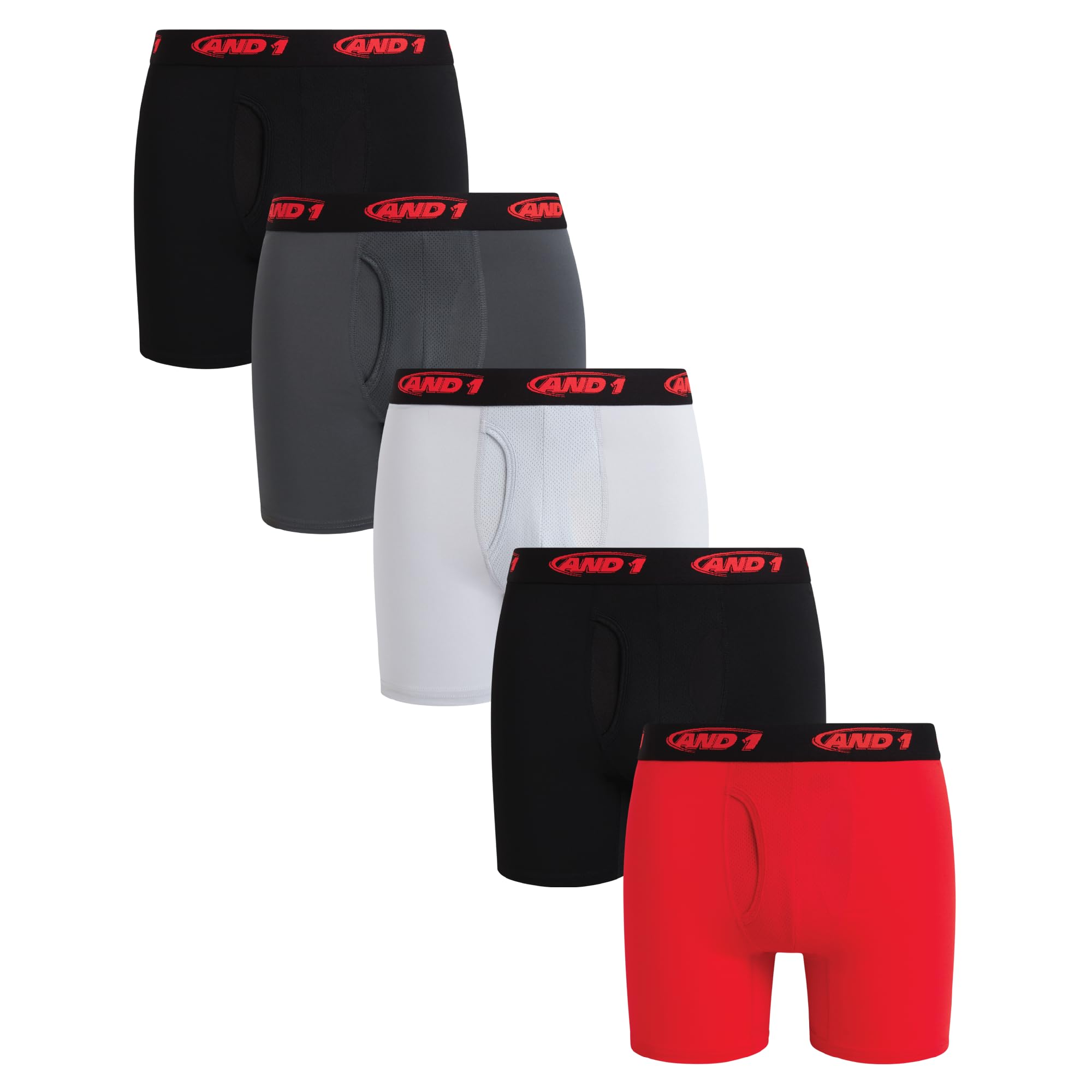 AND1 Mens Boxer Briefs - 5 Pack Stretch Performance Mens Underwear Boxers with Functional Fly Pouch 6 Inseam