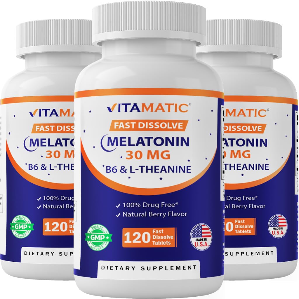 Vitamatic Melatonin 30 mg with L-Theanine & VIT. B6, 120 Tablets, 3 Pack | Fast Dissolve Tablets, Supports Restful Sleep*, Natural Berry Flavor, Non-GMO, Gluten Free, Made in USA
