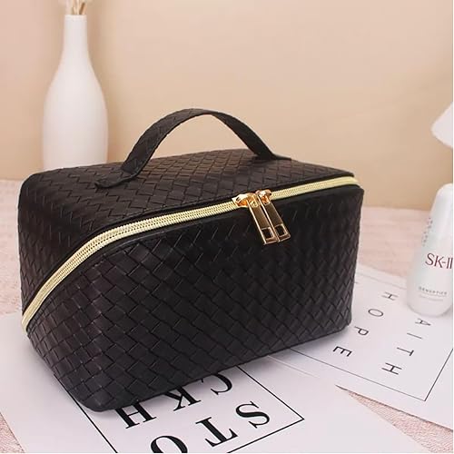 Miniatura 2 de egen Bolsa de maquillaje de gran capacidad, bolsa de cosméticos tejida de cuero, bolsa de viaje espaciosa de doble capa para mujer, bolsa de